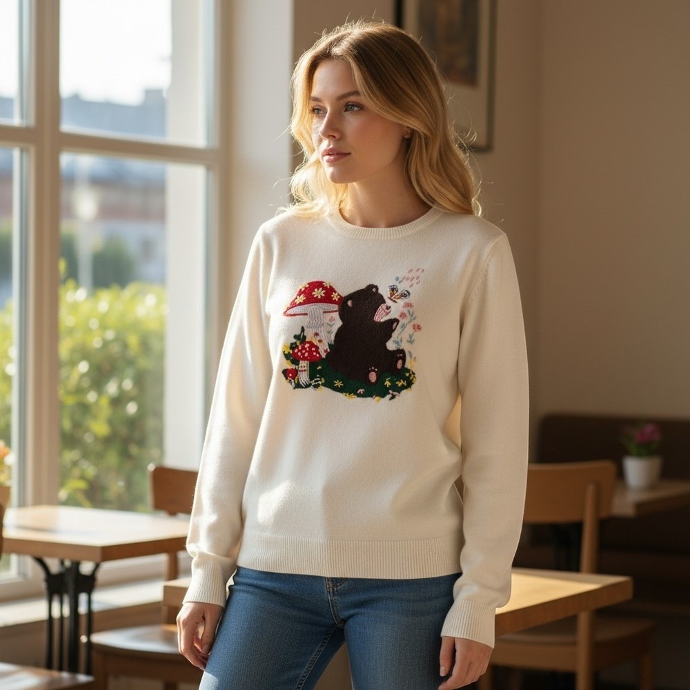 Embroidered Bear Sweater Crew Neck Cottagecore Whimsy Kawaii Mushrooms